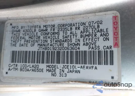 2002 Lexus Is 300 from USA, damaged, VIN JTHBD192320063604